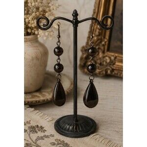 Black Gunmetal Tone Teardrop Dangle Earrings | Long Dark Metallic Beaded Drop Ea